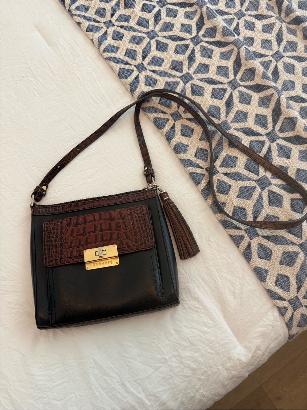 Brahmin Black Leather Crossbody with Brown Croc-Embossed Flap and Tassel Accent